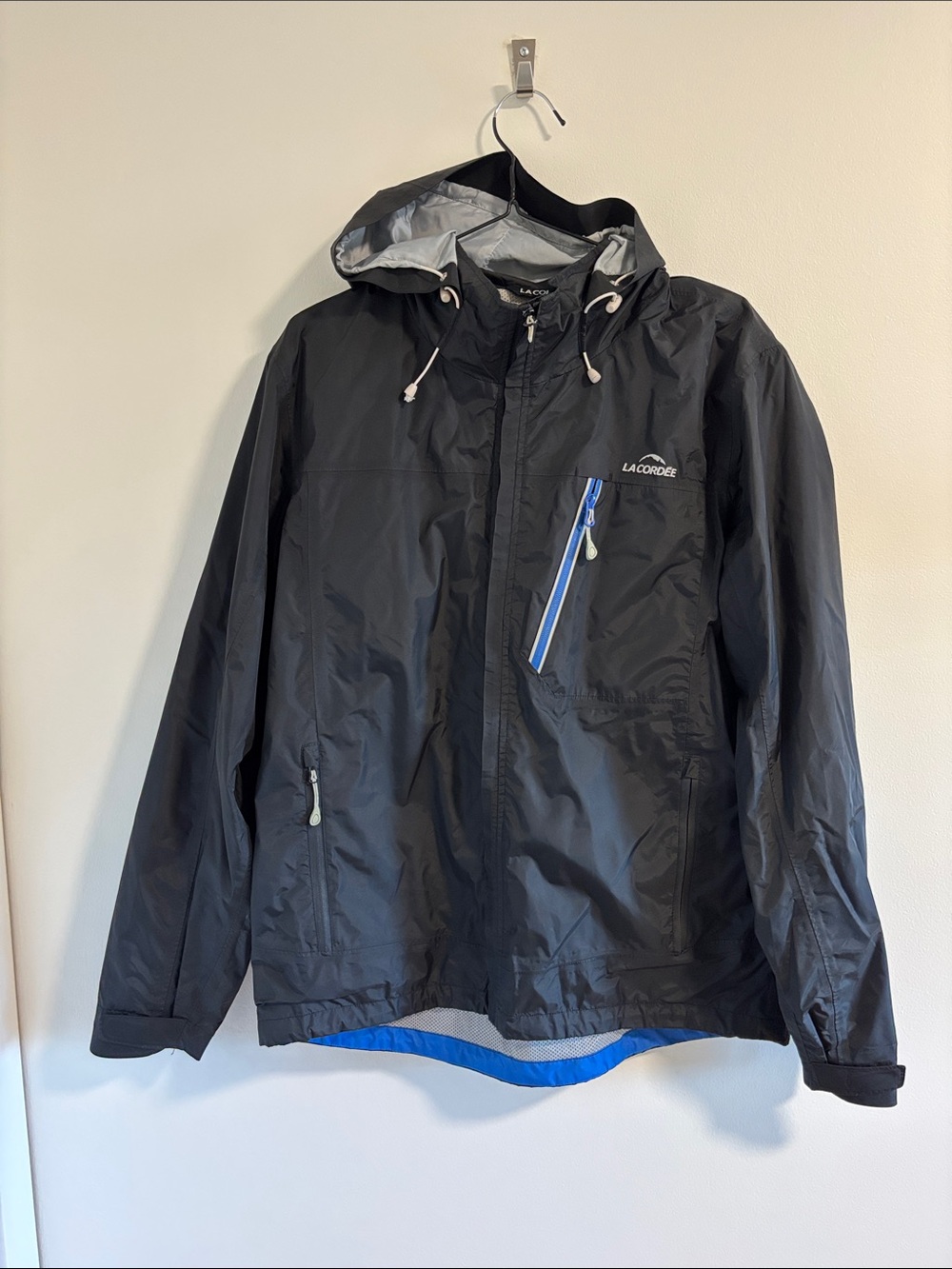 FREE WITH PURCHASE Lacordée Men’s Black Hooded Rain Jacket with Blue Trim Size M